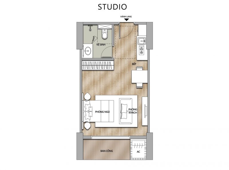 Studio là dòng sản phẩm có diện tích nhỏ nhất tại phân khu Legacy Gate (33-25m2) với thiết kế 1 WC, 1 phòng khách liền bếp và phòng ngủ.
